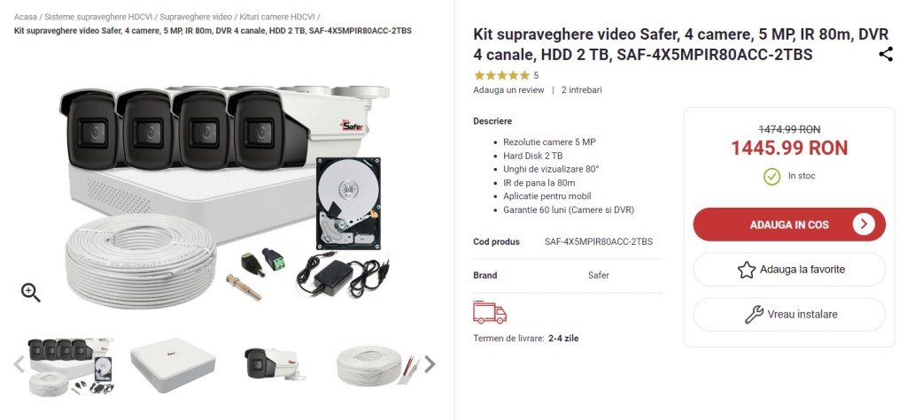 Kit supraveghere video Safer, 4 camere, 5 MP, IR 80m, DVR 4 canale, HDD 2 TB, SAF-4X5MPIR80ACC-2TBS, august 2022